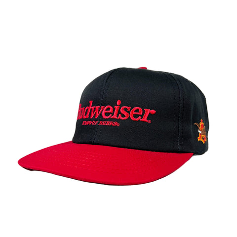 Black and red Budweiser cap on a white background