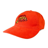 An orange baseball cap with a colorful embroidered 'Juice' logo on the front, set against a plain white background.