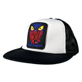 A black and white trucker hat featuring a square embroidered patch on the front with a wolf face and the text 'The Big Bad Wolf Busch Gardens'.