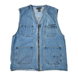 Blue denim vest with multiple pockets on a white background