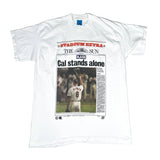 White t-shirt with a printed design of a newspaper article on a white background