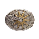 An oval metal belt buckle featuring a silver-toned engraved background with a gold-toned starburst in the center and a curved silver-toned element on the left with stylized lettering.