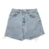 Light wash blue denim shorts with a raw, frayed hem, laid flat on a light off-white background.