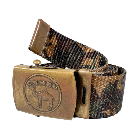 Camel brand belt with woven strap and brass buckle on a white background
