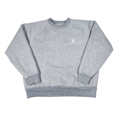Gray sweatshirt with a small logo on a white background