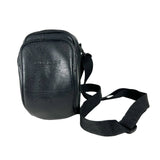 Black leather camera bag with a strap on a white background