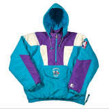 Teal and purple jacket with a logo on a white background