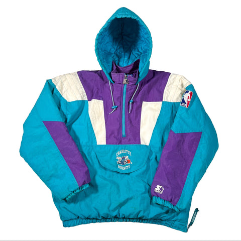 Teal and purple jacket with a logo on a white background