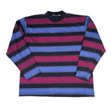 Striped long-sleeve shirt with blue, purple, and black stripes on a white background