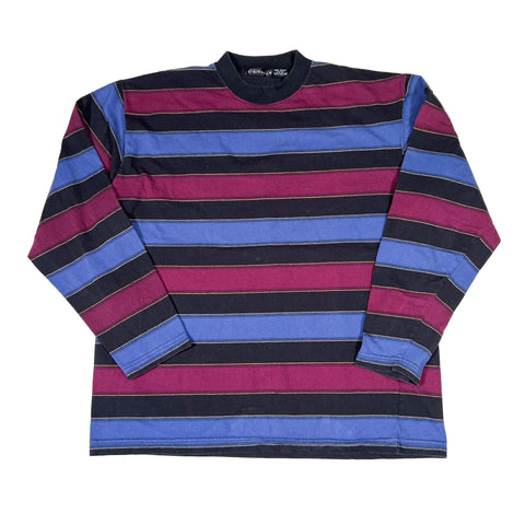 Striped long-sleeve shirt with blue, purple, and black stripes on a white background