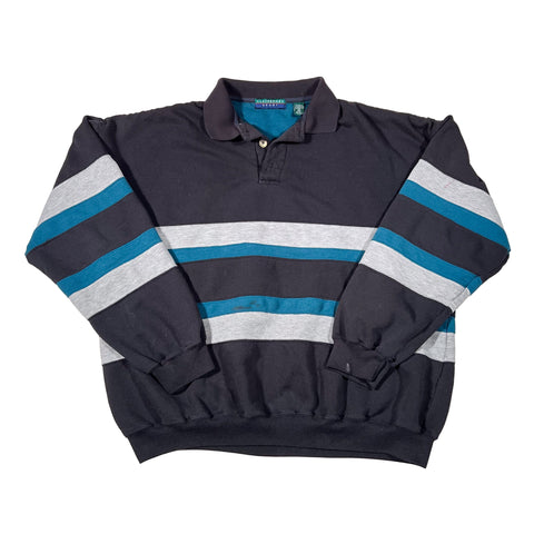 Folded navy blue boxer briefs with blue and gray stripes on a white background