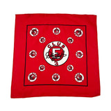 Red bandana with central logo and circular patterns on a white background