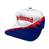 White and blue cap with red text and design on a white background