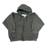 Gray hoodie with a brand logo on a white background