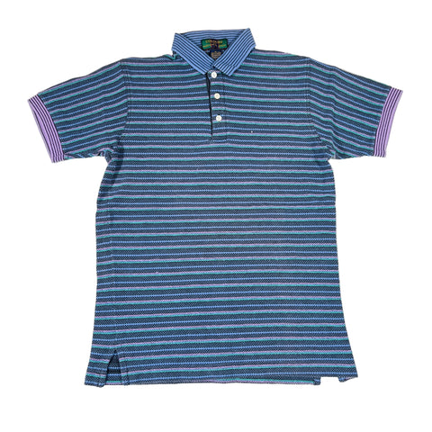Blue and white striped polo shirt on a white background