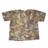 Camouflage-patterned t-shirt on a white background