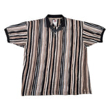 A short-sleeve striped polo shirt laid flat on a white surface, featuring vertical stripes in black, brown, beige, and white, with a black collar and a partial tie at the neck.