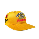 Yellow cap with text and graphics on a white background