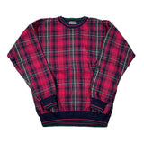 Red and green plaid sweater on a white background