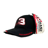 Black cap with red and white text and logos on a light gray background