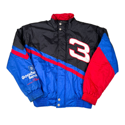 Black, blue, and red jacket with number 3 and Goodwin Service logo on a white background