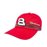 Red cap with number 8 and Budweiser logo on a white background