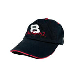 Black cap with red and white embroidery on a white background