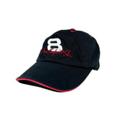 Black cap with red and white embroidery on a white background