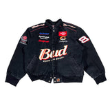 Black jacket with various logos on a white background