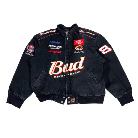 Black jacket with various logos on a white background