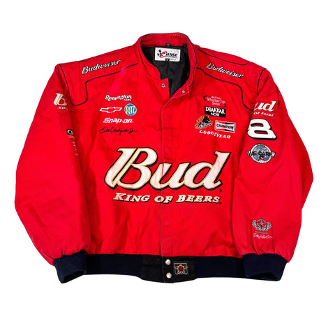 Red jacket with Budweiser and other brand logos on a white background