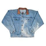 Denim jacket with brown accents on a white background