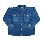 Blue denim shirt with button details on a white background