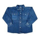 Blue denim shirt with button details on a white background