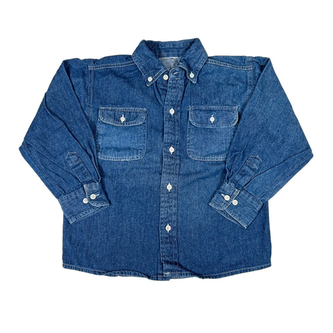 Blue denim shirt with button details on a white background
