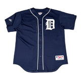 Navy blue baseball jersey with a white logo on a white background