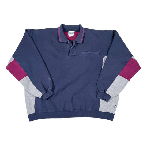 Navy blue shorts with gray and pink accents on a white background