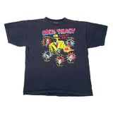 A vintage black short-sleeve t-shirt featuring a large graphic print of Dick Tracy with the text 'VILLAINS ROW' and colorful comic-style illustrations, laid flat on a white surface.