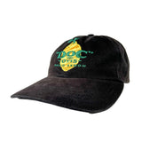 A black washed baseball cap featuring a green and yellow embroidered logo on the front that reads 'Doc Otis Hair Salon'.
