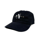 Black cap with white text on a white background