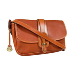 Brown leather bag with a strap on a white background