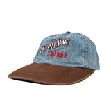 Denim and brown cap with 'G-Z wider' text on a white background