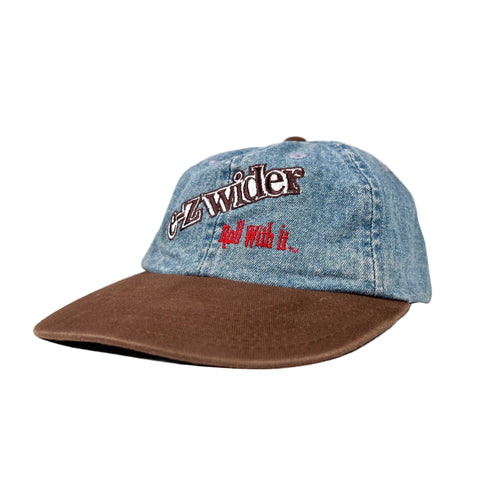 Denim and brown cap with 'G-Z wider' text on a white background