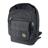 A black canvas backpack with multiple zippered pockets and a small embroidered logo patch on the front pocket, photographed against a light gray studio background.