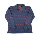 Blue long-sleeve polo shirt with red pattern on a white background