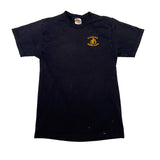 Black t-shirt with a logo on the chest against a white background