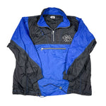 Blue and black jacket with a logo on a white background