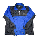 Blue and black jacket with a logo on a white background