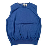 A sleeveless knit sweater vest in a medium blue color, laid flat on a white background. The vest features a crew neck, elasticized armholes, and a ribbed hem.