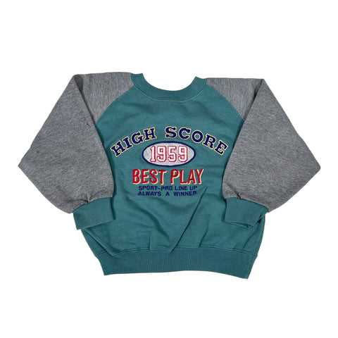 Teal and gray sweatshirt with text on a white background
